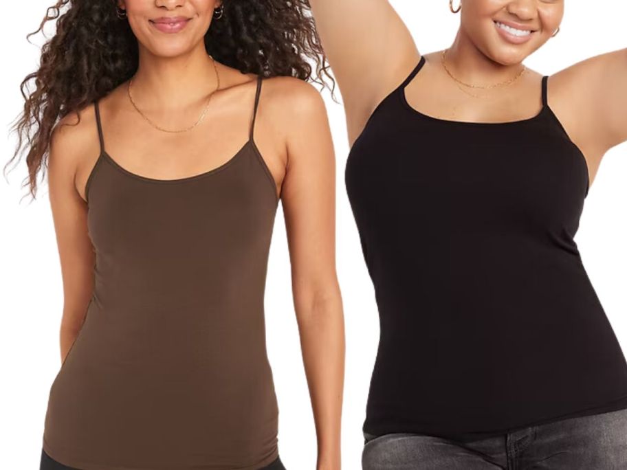 Stock image of 2 happy women wearing brown and black colored camis 