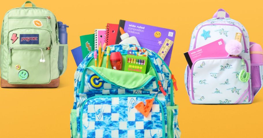3 Target personalized backpacks with atches and keychains on them