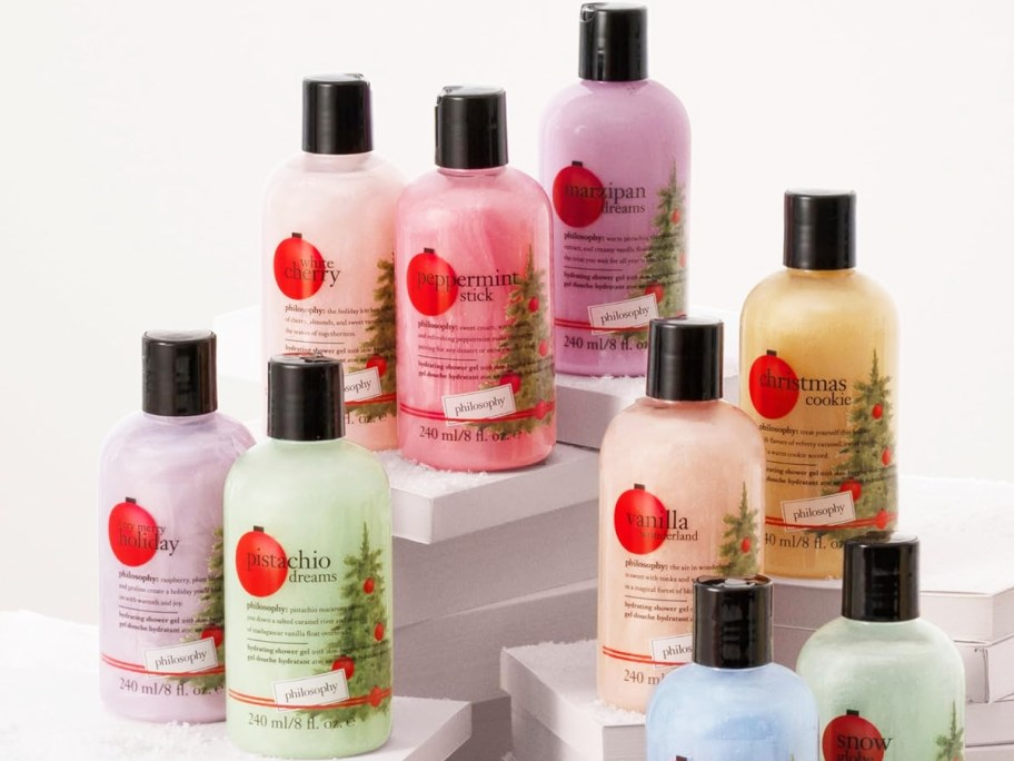 multiple bottles of bottles of Philosophy 3-in-1 Holiday Shower Gels