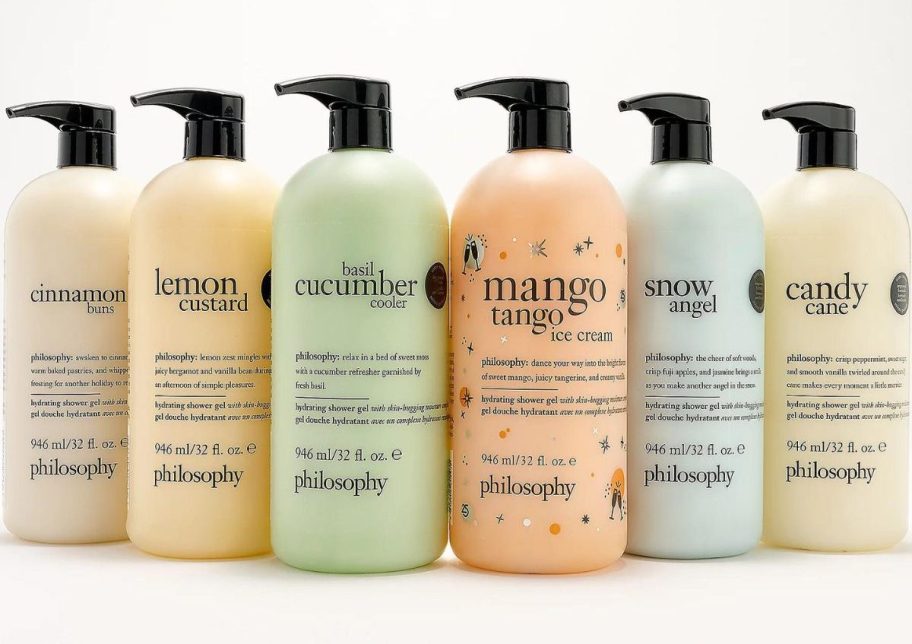 Six Supersize Bottles of Philosophy Shower Gel in various scents
