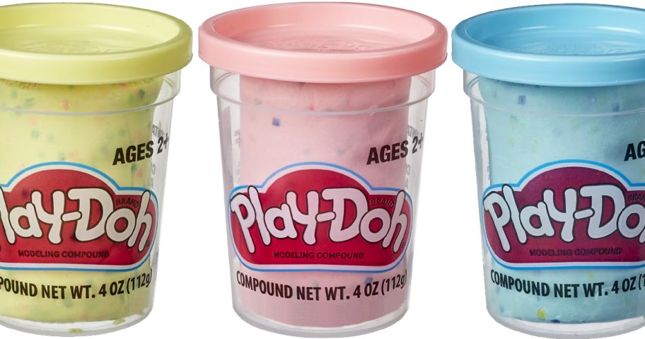 yellow, pink, and blue cans of Play-Doh Confetti