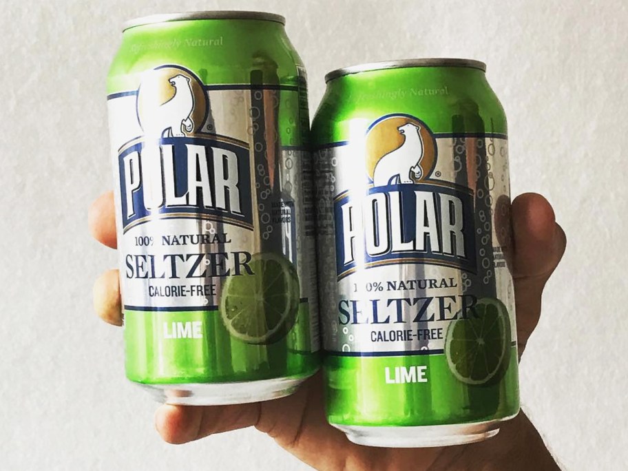 hand holding up two cans of Polar Seltzer Water in lime flavor