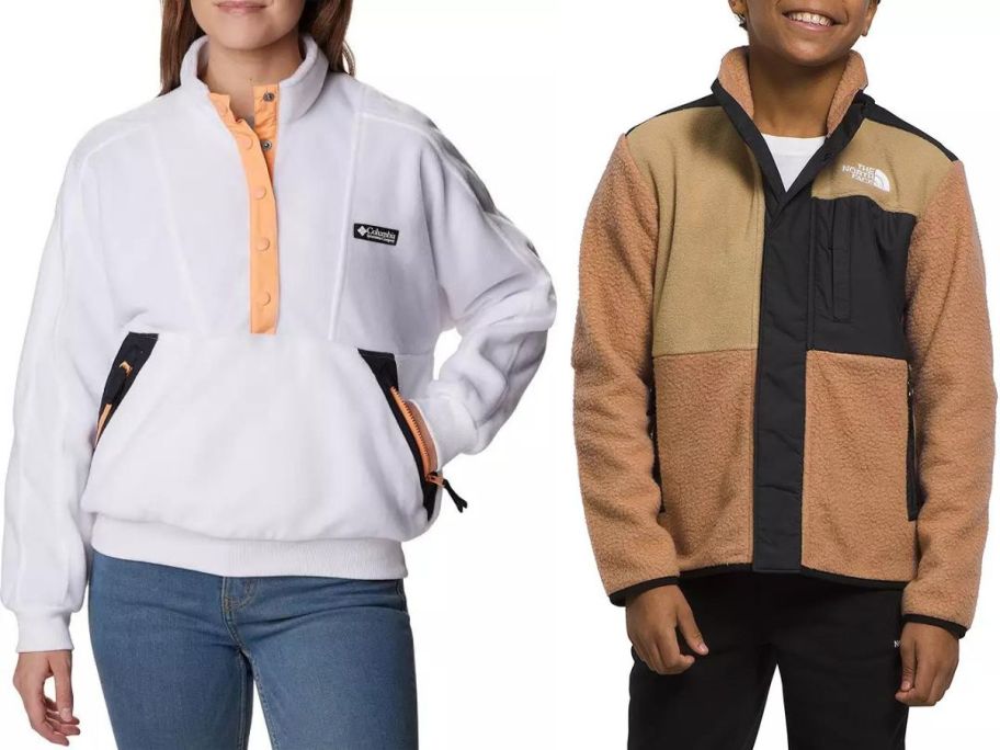 Stock image of a woman wearing a columbia jacket and a boys wearing a north face jacket