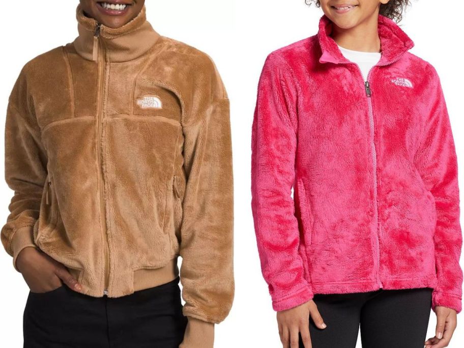 Stock image of a woman and a girl wearing the north face fleece jackets