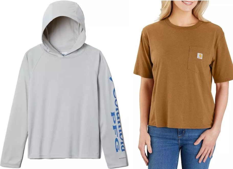 Stock image of a boys Columbia shirt and a woman wearing a carhartt tee