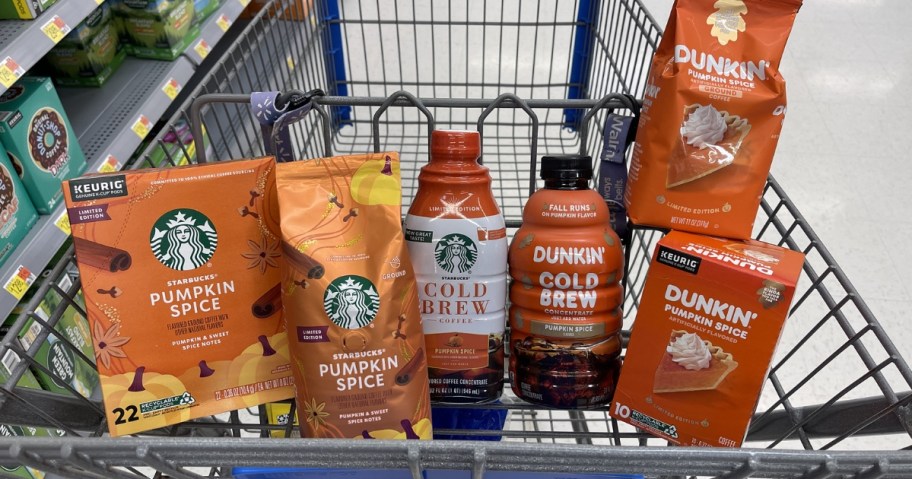 cart full of starbucks and dunkin' pumpkin spice coffee varieties