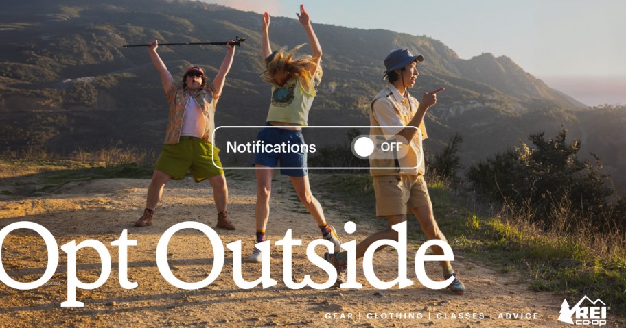 3 men hiking behind a text overlay reading "opt outside"