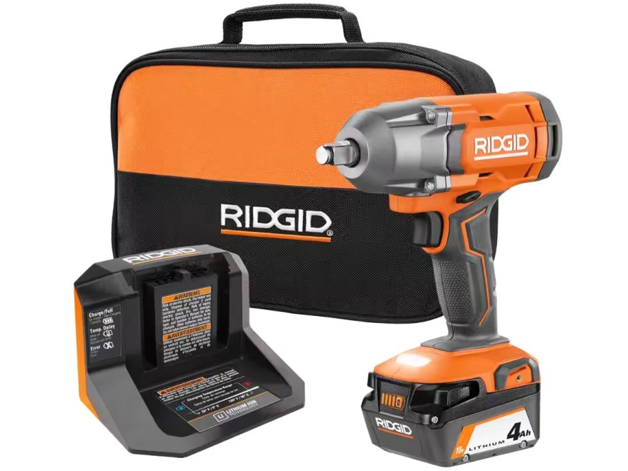 Ridgid impact wrench, charger, and tool bag