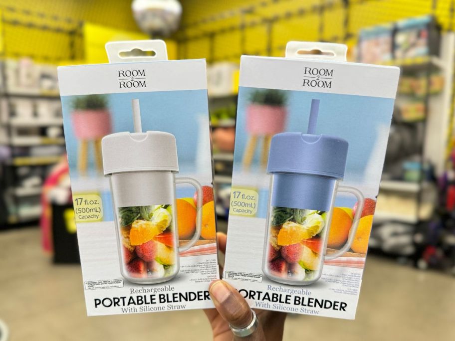 two Rechargeable Portable Blender w/ Silicone Straw 17oz boxes in hand in store