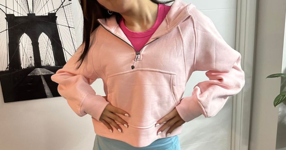 girl wearing SANTINY Women's Fleece Cropped Hoodie