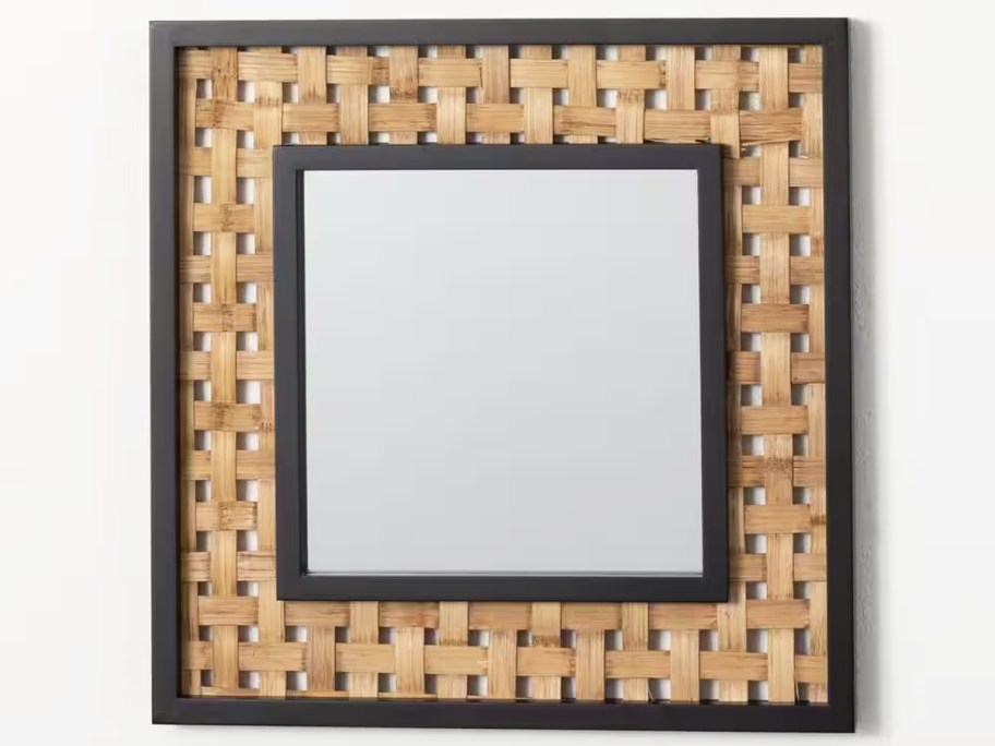 square black and brown weave wall mirror
