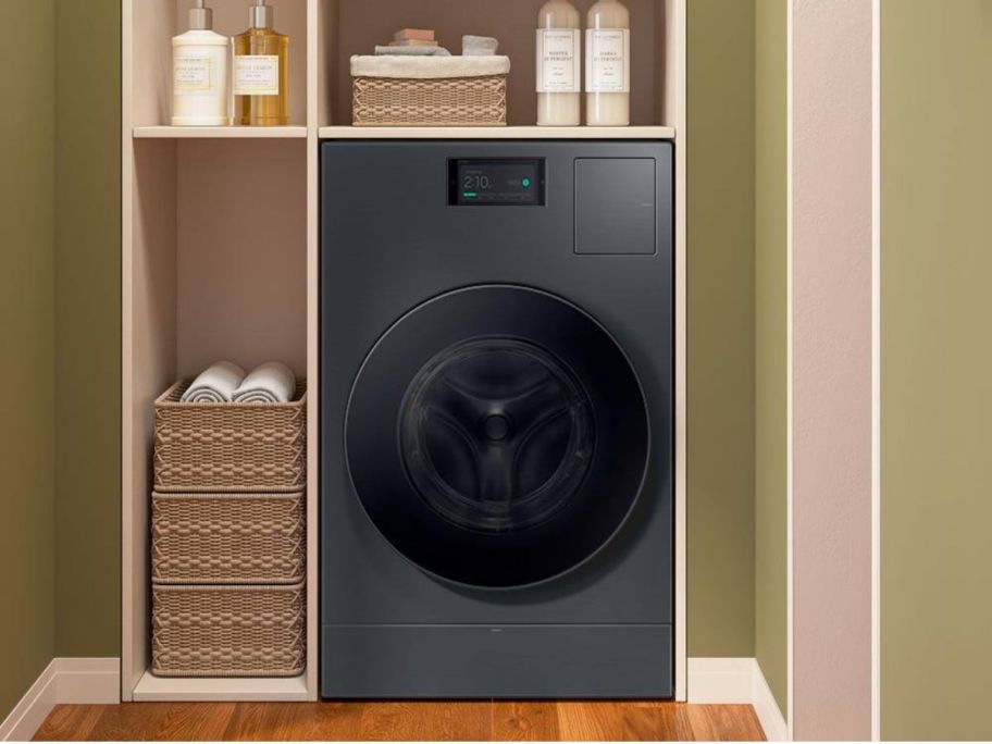 a samsung washer dryer combo in a laundry nook