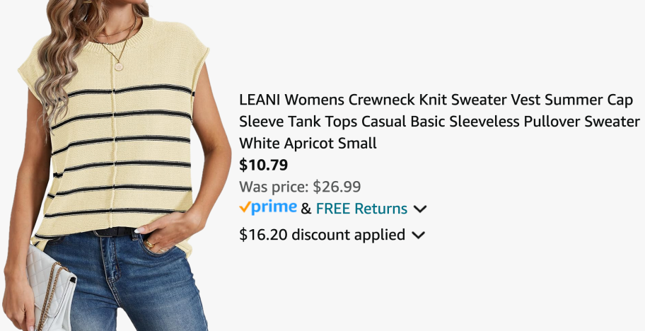 woman wearing striped sweater next to Amazon pricing information