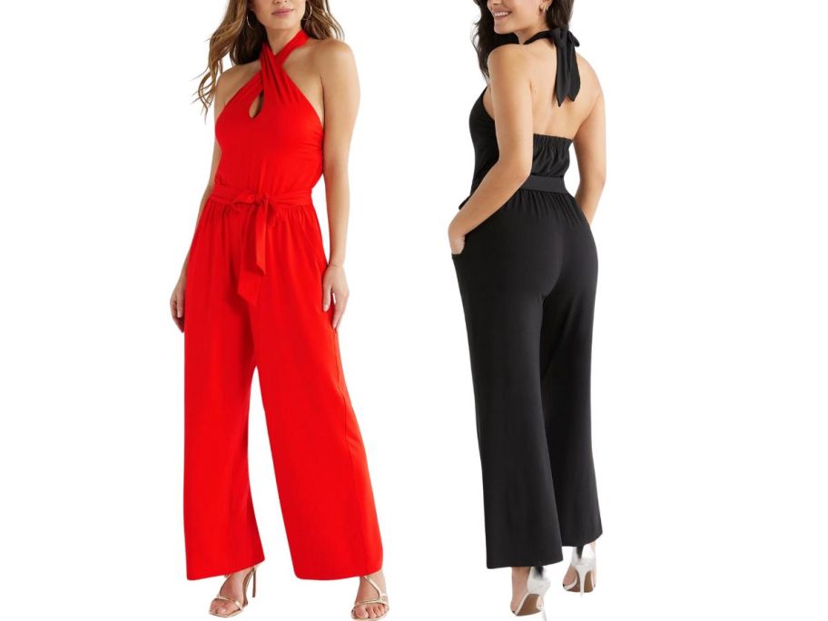 2 women wearing Sofia Jeans Women's Halter Cross Neck Jumpsuits