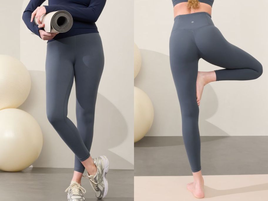 Front and back view of a woman wearing Athleta Leggins