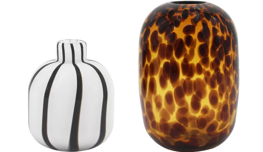 white/black striped and spotted amber vases