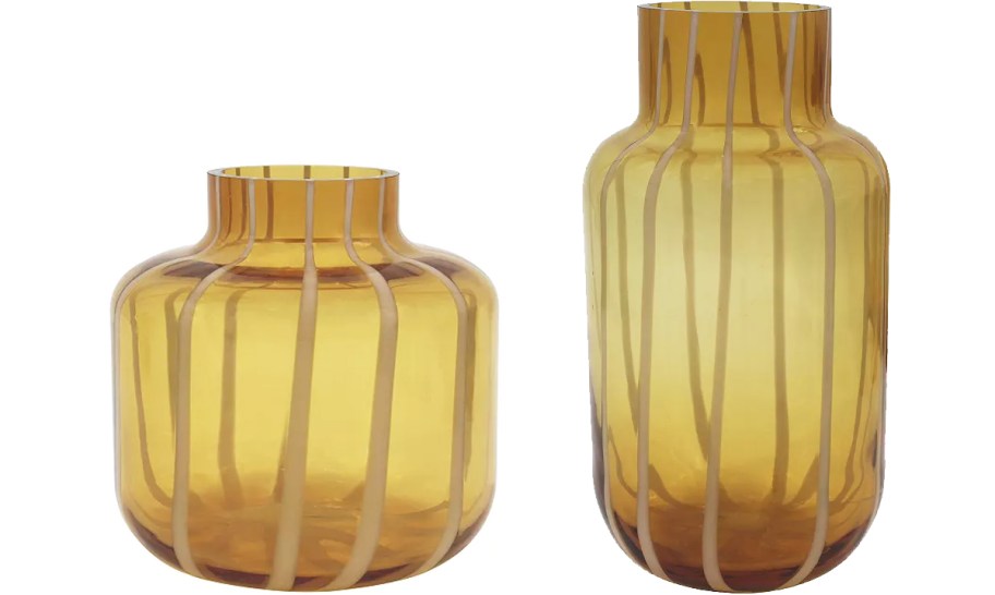 short and tall yellow striped glass vases