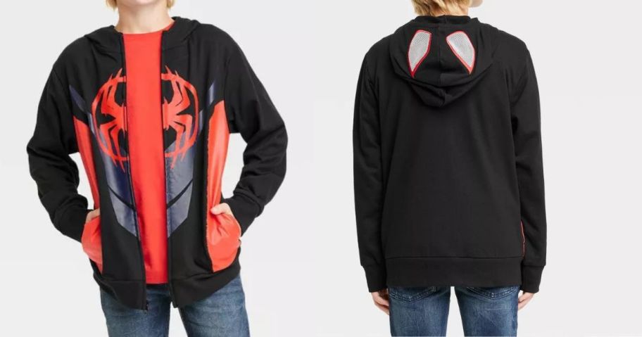 boy wearing Spider-Man Boys' Miles Morales Cosplay Sweatshirt