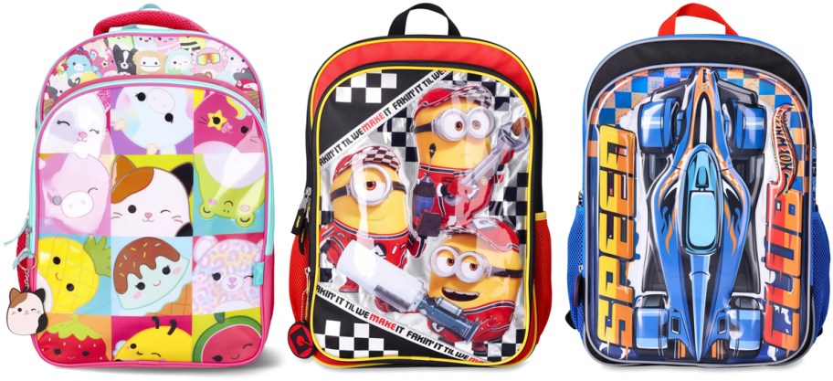 Squishmallows Blocks Minions Fakin It Til We Make It and Hot Wheels Speed Club 17 Backpack