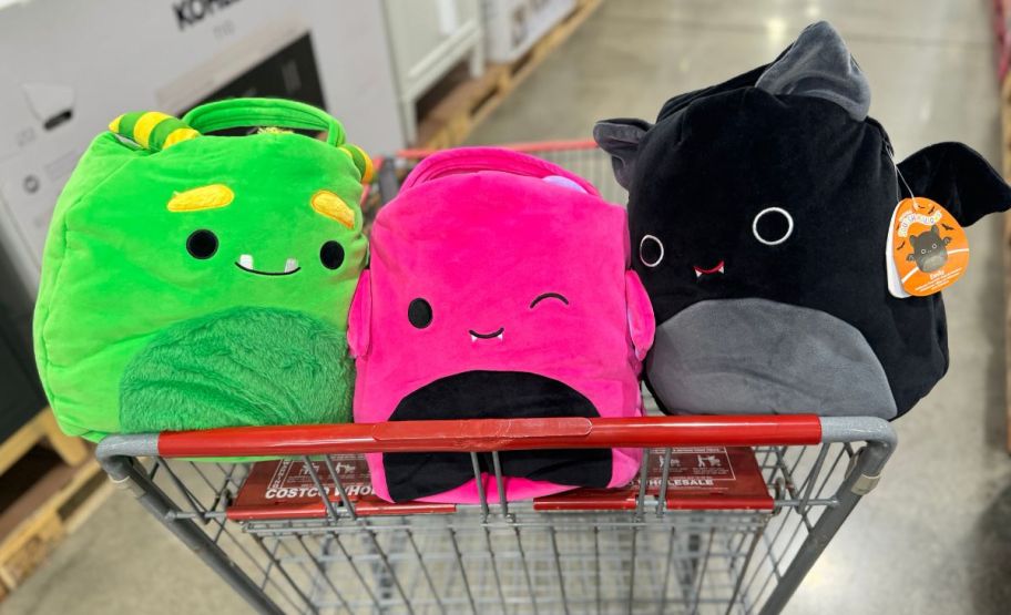 3 jumbo squishmallows treat pails in a costco cart