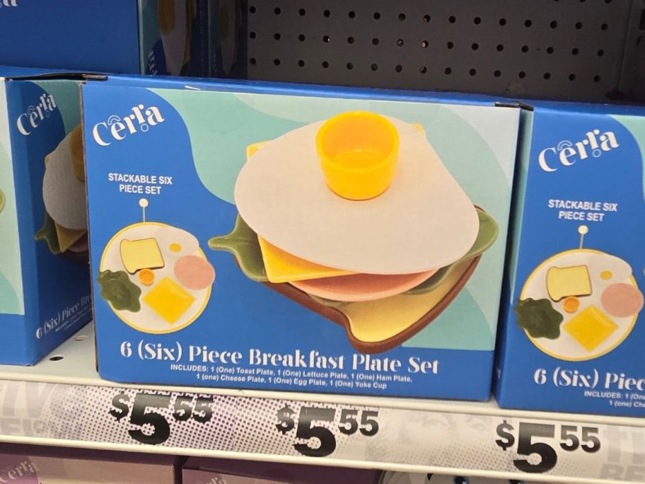 Stackable Sandwich Breakfast Plate Set 6-Piece box on shelf