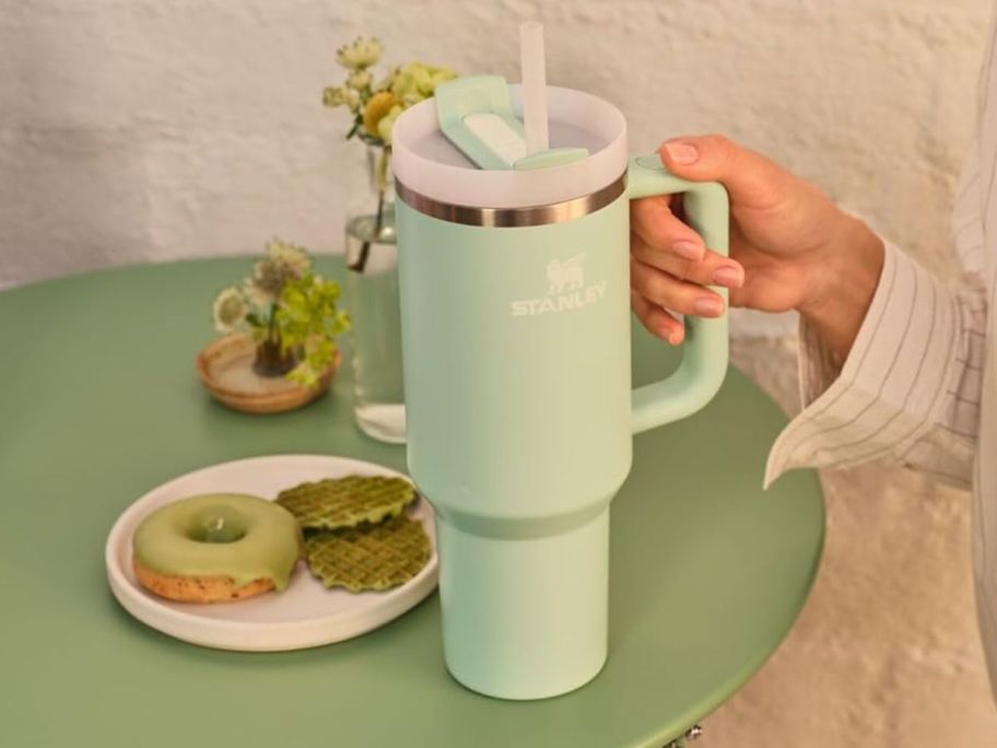 Stanley Matcha Cream Color Tumbler on a matcha color table