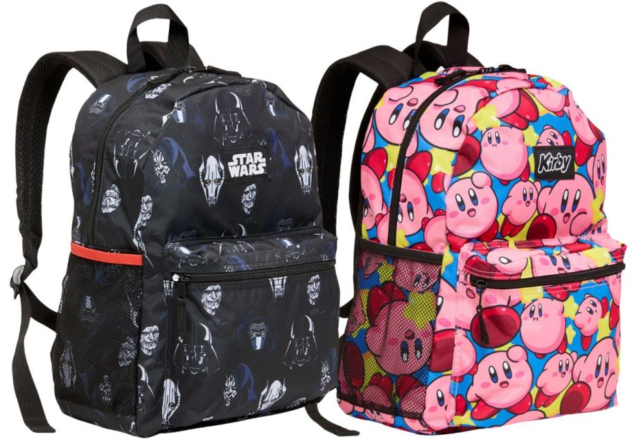 2 canvas backpacks featuring licensed character motifs