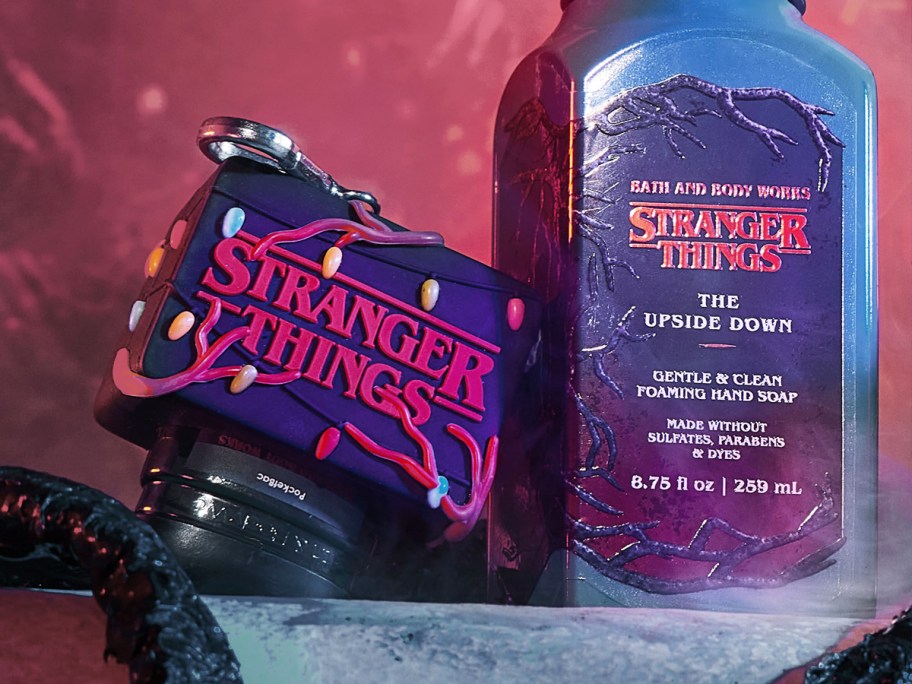 Stranger Things Sign PocketBac Holder next to foaming hand soap bottle