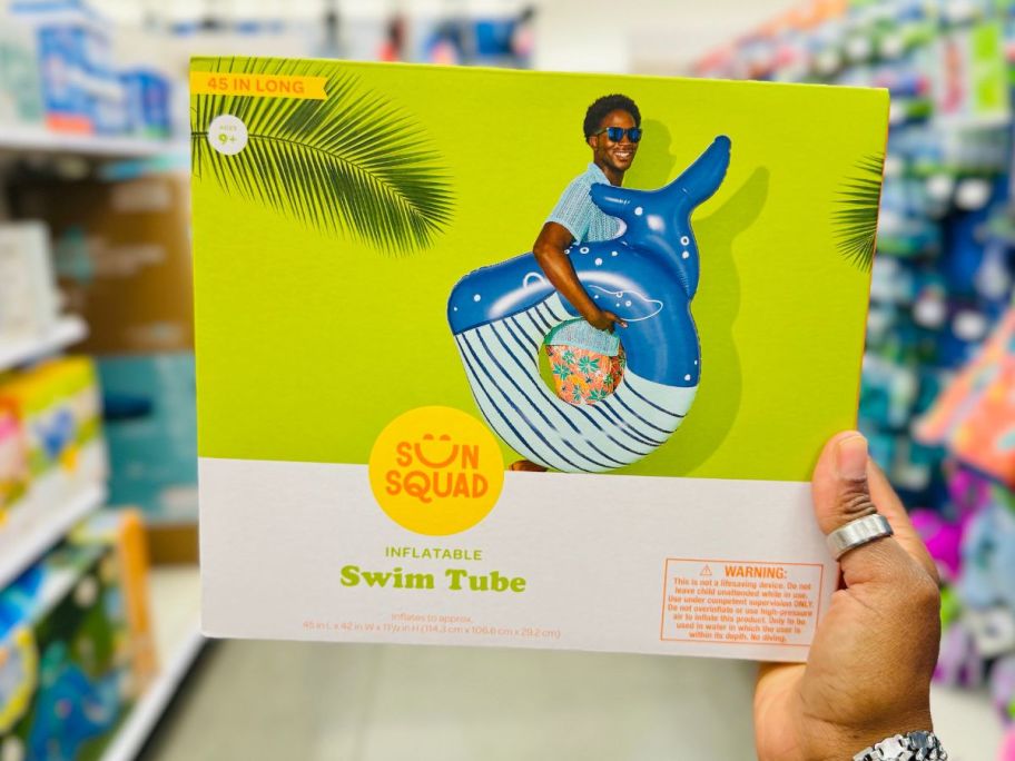 Sun Squad Whale Tube Water Float box in hand in store