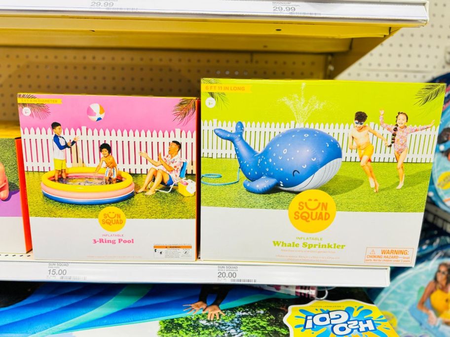 Sun Squad 3 Ring Kiddie Pool and sprinkler on shelf in store