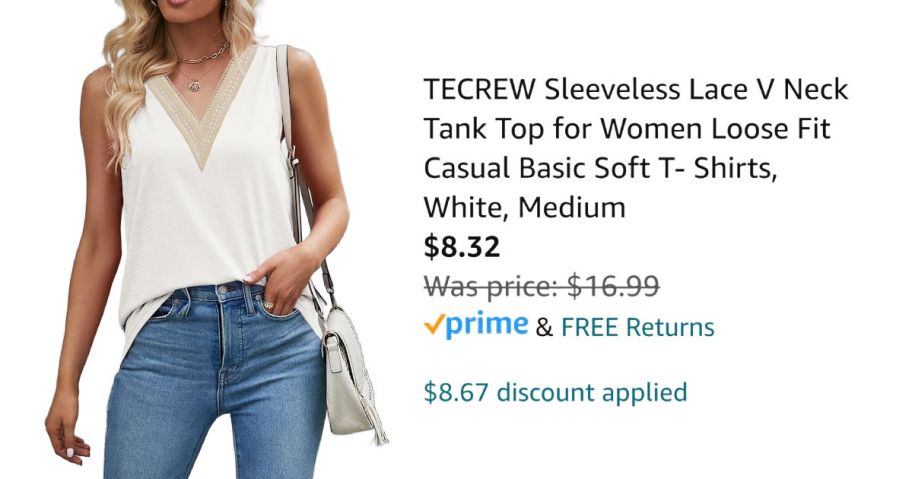 woman wearing white lace-trim shirt next to Amazon pricing information