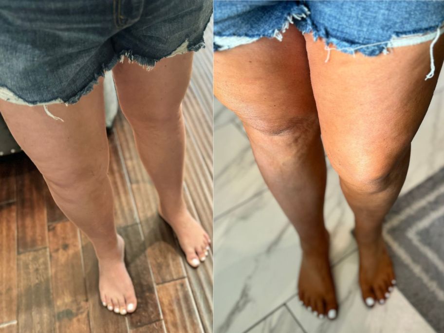 A woman's legs demonstrating the effects of the Tan-Luxe Express Water Spray Tan Mister