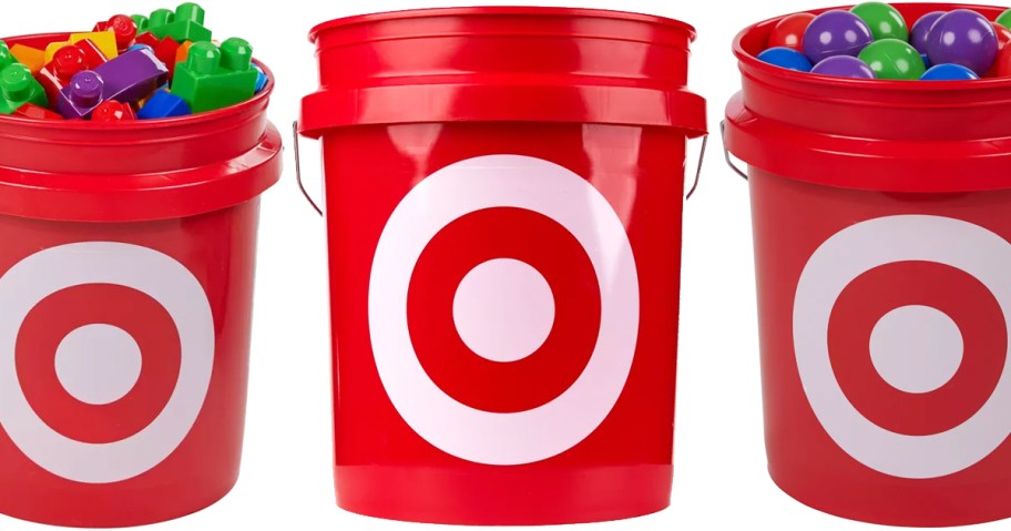 three red 5-gallon target buckets