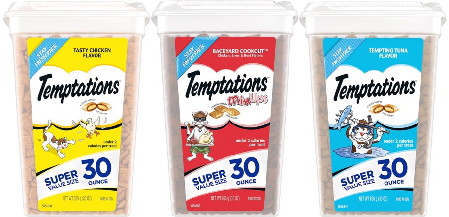 three containers of Temptations Cat Treats