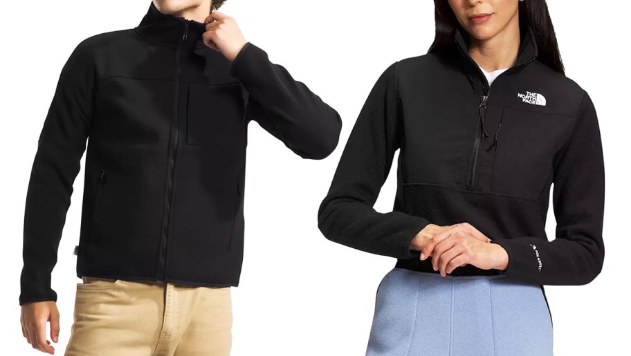 man and woman in black north face jackets