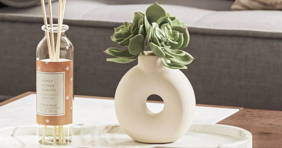 plant stem bundle in a white circle vase on a coffee table