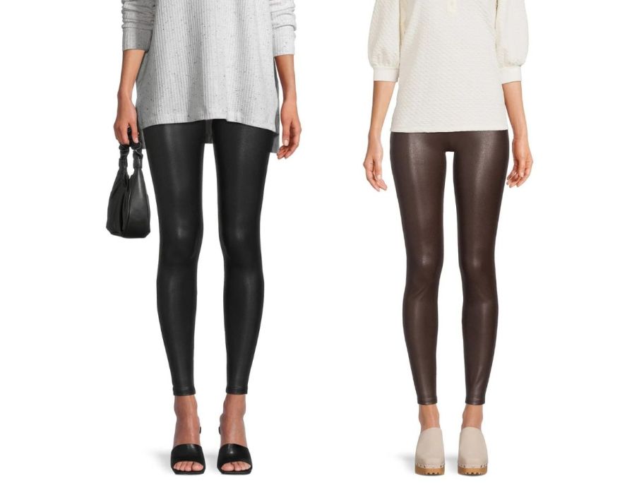 2 women wearing Time and Tru Women's Faux Leather Leggings 