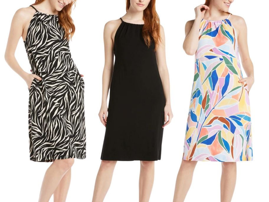 3 women wearing Time and Tru Women's Halter Knit Dresses