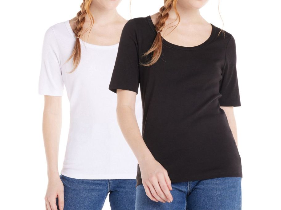 2 women wearing Time and Tru Women's Ribbed Cotton T-Shirts with Elbow Sleeves 