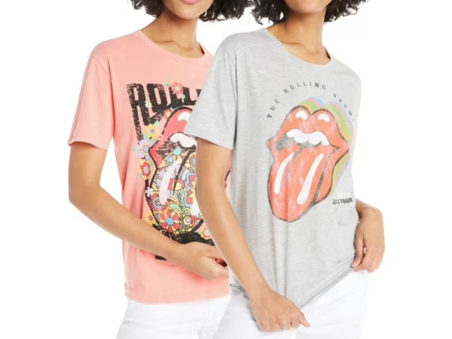 2 women wearing Time and Tru Women’s Rolling Stones Graphic Tees 