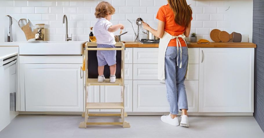 Toddler Kitchen Stool Helper in kitchen with child on it next to woman