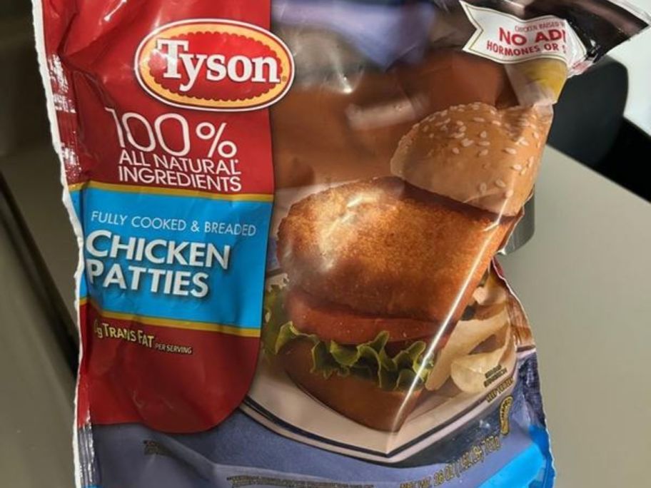 Tyson Fully Cooked and Breaded Chicken Patties, 1.62 lb Bag (Frozen) bag on kitchen counter