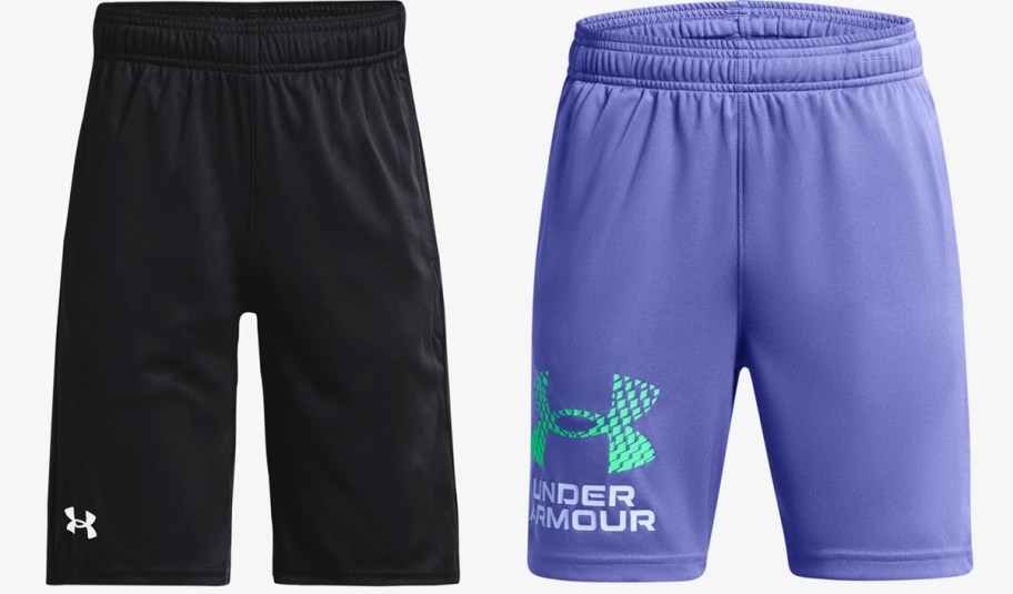black and purple pairs of under armour shorts