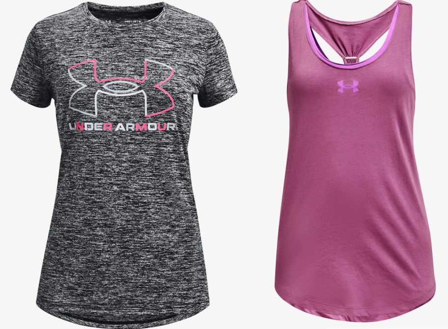 grey under armour t-shirt and pink tank top