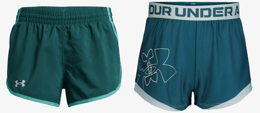 green and teal pairs of under armour shorts