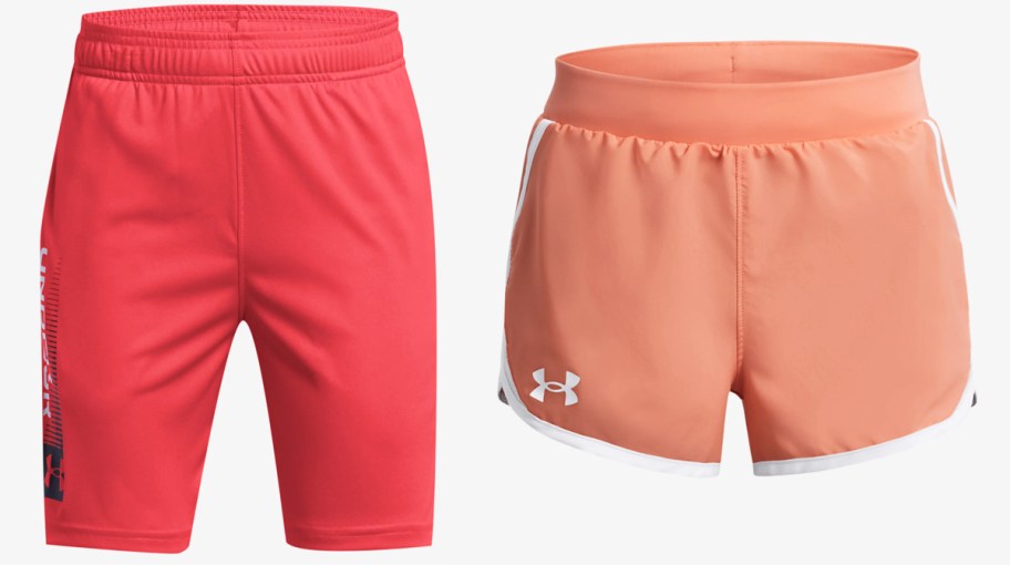 red and orange pairs of under armour shorts