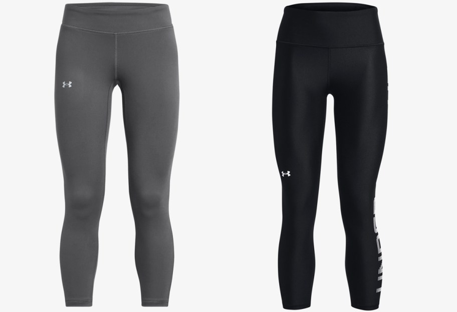 grey and black pairs of under armour leggings