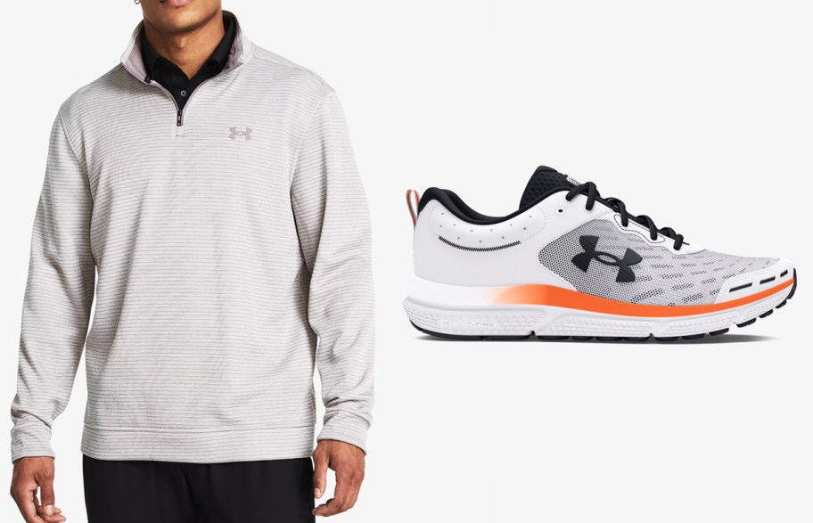 man in grey sweater and white/black/orange running shoe