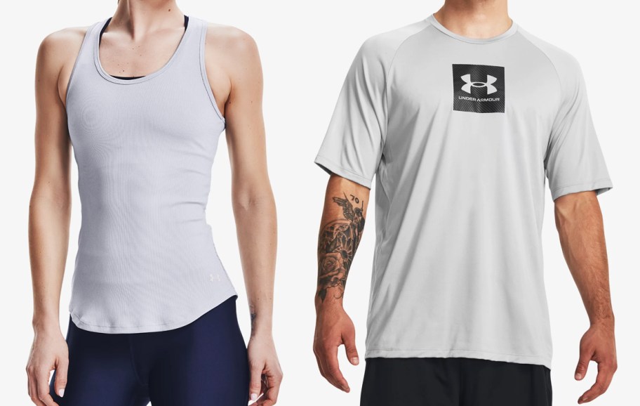 woman in grey tank top and man in grey under armour t-shirt