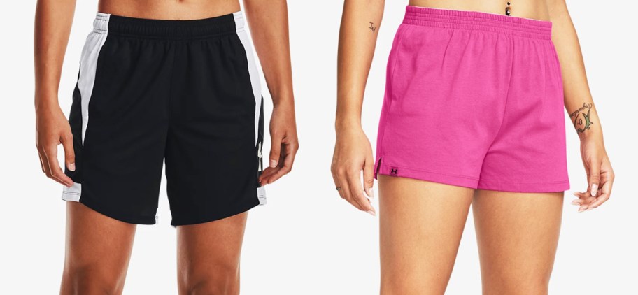 two women in black and pink under armour shorts